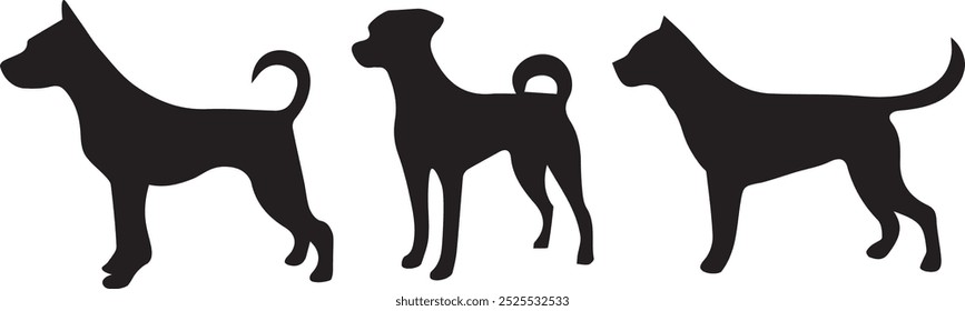 Dog silhouette collection vector. Dog in various poses and activities like jumping, sitting, running, playing, and standing. Silhouette black puppies, pet dog vector isolated on a white background.
