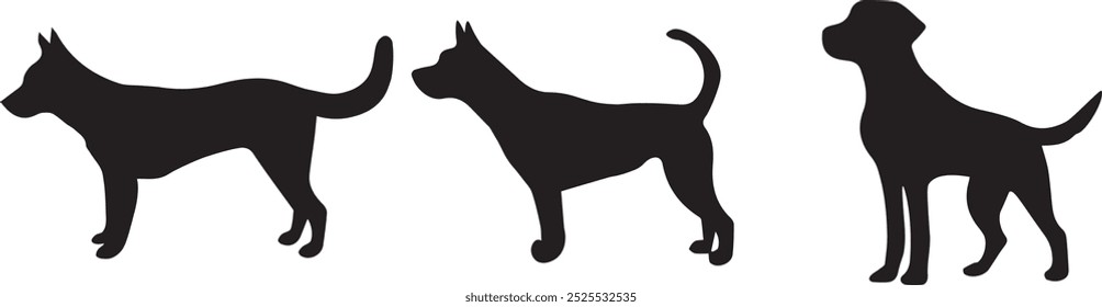 Dog silhouette collection vector. Dog in various poses and activities like jumping, sitting, running, playing, and standing. Silhouette black puppies, pet dog vector isolated on a white background.
