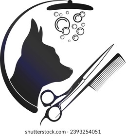 Dog silhouette grooming care scissors and comb. Grooming salon symbol for business