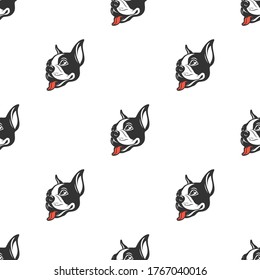 Dog silhouette hand drawing pattern. French bulldog seamless vector cartoon wallpaper isolated black and white.