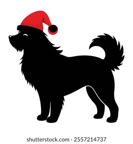 dog silhouette illustration wear christmas hat standing isolated white background