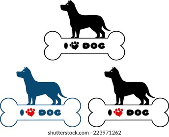 Dog Silhouette Over Bone With Text And Love Paw Print. Vector Collection Set