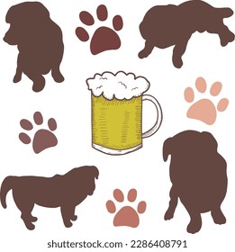 Huellas de pata de silueta de perro e ilustración de cerveza