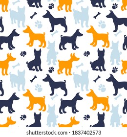 Hundesilhouette nahtloses Muster. Drucken Sie Textur über Hunde. Vektorgrafik einzeln auf weißem Hintergrund. Hunderasse Basenji gestopft.
