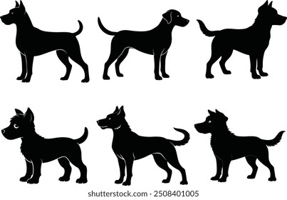 Conjunto de silueta de perro, silueta negra aislada de perros, conjunto de silueta de perro de rubí. Lindo icono de perro. Ilustración vectorial de perro y estilo de logotipo.