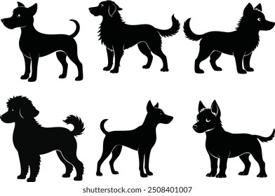 Conjunto de silueta de perro, silueta negra aislada de perros, conjunto de silueta de perro de rubí. Lindo icono de perro. Ilustración vectorial de perro y estilo de logotipo.