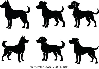 Conjunto de silueta de perro, silueta negra aislada de perros, conjunto de silueta de perro de rubí. Lindo icono de perro. Ilustración vectorial de perro y estilo de logotipo.