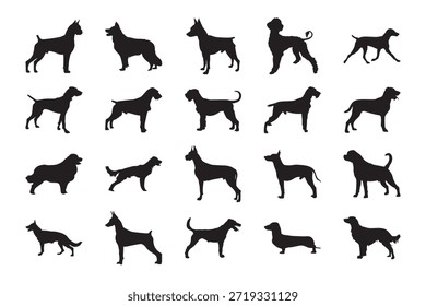 Hunde Silhouette Set, mehrere Prosa. Hunde Silhouette Set mit verschiedenen Posen. Perfekt für Muster-Design, Logo, Haustier-Branding und Bildung.