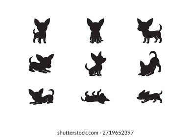 Hunde Silhouette Set. Kleine Hunde stellen Silhouetten für Kinderdesign, Muster und dekorative Symbole dar.