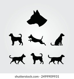 Dog silhouette set vector black realistic, dog head, walking standing sitting jumping dog