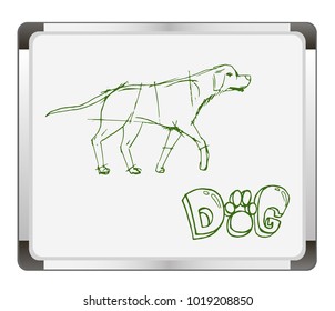 dog silhouette, side view on flip chart background. Dog Icon. Paw Prints. Hand drawn Vector Illustration.