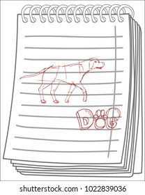 dog silhouette, side view on notebook background. Dog Icon. Paw Prints. Hand drawn Vector Illustration.