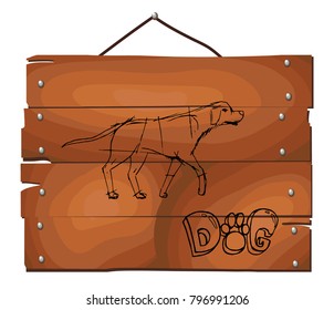 dog silhouette, side view on wooden plank background. Dog Icon. Paw Prints. Hand drawn Vector Illustration.