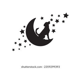 Dog silhouette sitting on the moon, vector. Cartoon character. Wall decals, artwork, minimalist wall art, poster design isolated on white background