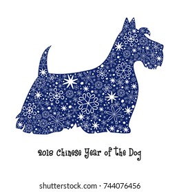 Dog silhouette with snowflakes. 2018 - Chinese Year of the Dog.  Vector illustration.