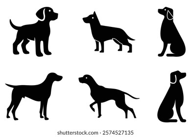 Dog silhouette vector icon set. Dog in various poses, activities like jumping, sitting, happy playful running, playing, standing. Animals and home pets, puppy vector icon, simple vector illustration.