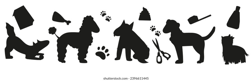 Dog silhouette vector icons for design projects. Dog care grooming products for pets, supplies for dogs, food and toys, vector illustration isolated on white background.