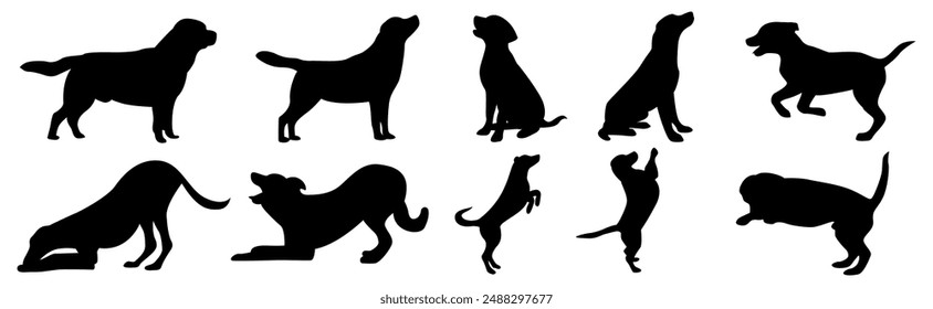 dog silhouette vector illustration collection. black silhouette on a white background showing various dog poses. ideas for pet themed designs