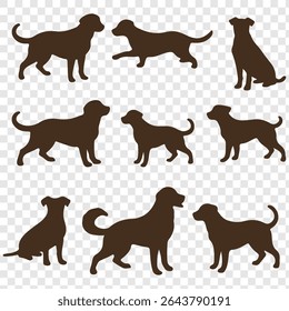 Dog silhouette vector illustration set. Playful dog silhouettes in various poses, perfect for animal lovers.