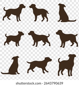 Dog silhouette vector illustration set. Playful dog silhouettes in various poses, perfect for animal lovers.