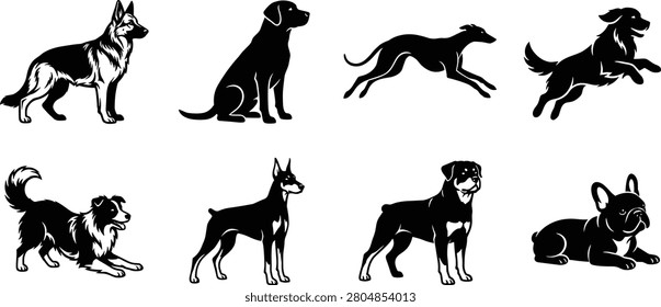 Dog Silhouette Vector Set Featuring German Shepherd, Labrador, Greyhound, Golden Retriever, Border Collie, Doberman, Rottweiler, and French Bulldog