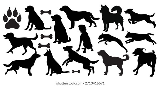 Juego de Vectores de silueta de perro - Iconos de animales domésticos, impresión de patas, Colección de Elementos de hueso
