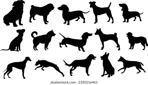 Dog silhouette Vector Set walking and standing . Shepherd, beagle, great Dane, dachshund, poodle, pit bull. . Vector black flat icon isolated on white background.