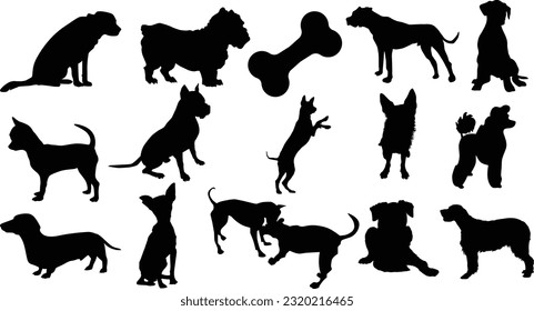 Dog silhouette Vector Set walking and standing . Shepherd, beagle, great Dane, dachshund, poodle, pit bull. . Vector black flat icon isolated on white background.