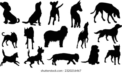 Dog silhouette Vector Set walking and standing . Shepherd, beagle, great Dane, dachshund, poodle, pit bull. . Vector black flat icon isolated on white background.