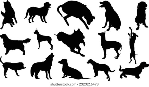 Dog silhouette Vector Set walking and standing . Shepherd, beagle, great Dane, dachshund, poodle, pit bull. . Vector black flat icon isolated on white background.