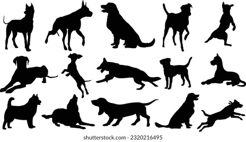 Silueta de perro Vector Set caminando y parado. Pastor, beagle, gran dano, dachshund, caniche, toro de foso. ... Icono plano negro vectorial aislado en fondo blanco.