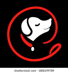 Dog Silhouette Walking Service Logo On Round From Red Leash. Happy Puppy Training Icon. Walk Pet Symbol In Black Vector Illustration. Simple Cartoon Animal Logotype.