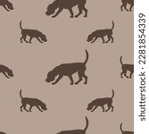 Dog silhouette. Walking and sniffing english beagle puppy isolated on a brown background. Seamless pattern. Endless texture. Use for wallpaper, fabric, template, print. Vector illustration.