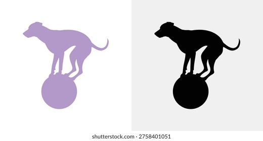 Dog silhouettes balancing on balls balance purple