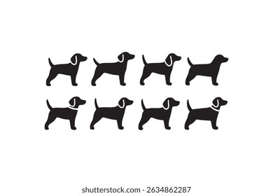 Dog Silhouettes: A collection of eight black dog silhouettes, each uniquely posed in a white background.	