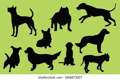dog silhouettes Collection on green blackground, vector design.