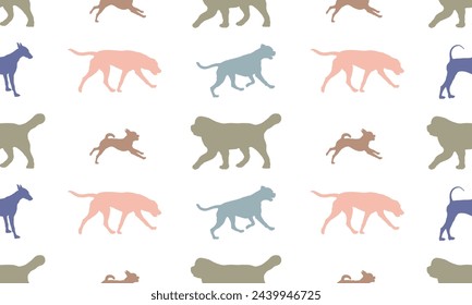 Dog silhouettes different breeds in various poses. Endless texture. Seamless pattern. Design for fabric, decor, wallpaper, wrapping paper, printing. Vector illustration.