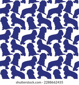 Dog silhouettes pattern fabric. Elegant, soft seamless background, abstract background with blue cavalier king charles spaniel dog shapes for pet Lovers. Birthday present white wrapping paper.