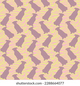 Dog silhouettes pattern fabric. Elegant, soft seamless background, abstract background with pale pink Pitbull dog shapes for Dog Lovers. Pink and yellow zebra. Birthday present wrapping paper.