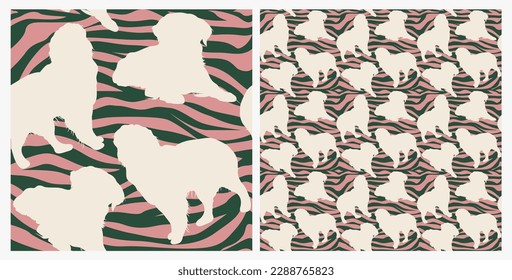 Dog silhouettes pattern fabric. Elegant, soft seamless background, abstract background with Golden Retriever dog shapes for Dog Lovers. Green and pale pink zebra. Birthday present wrapping paper.