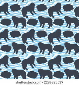 Dog silhouettes pattern fabric. Elegant, soft seamless background, abstract background with Saint Bernard dog shapes for Dog Lovers. Blue and white creative zebra. Birthday present wrapping paper.