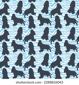 Dog silhouettes pattern fabric. Elegant, soft seamless background, abstract background with cocker spaniel dog shapes for Dog Lovers. Blue and white creative zebra. Birthday present wrapping paper.