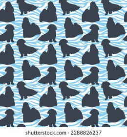 Dog silhouettes pattern fabric. Elegant, soft seamless background, abstract background with Shih Tzu small dog shapes for Dog Lovers. Blue and white creative zebra. Birthday present wrapping paper.