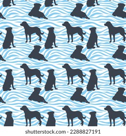 Dog silhouettes pattern fabric. Elegant, soft seamless background, abstract background with Rottweiler dog shapes for Dog Lovers. Blue and white creative zebra. Birthday present wrapping paper.