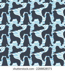 Dog silhouettes pattern fabric. Elegant, soft seamless background, abstract background with Newfoundland dog shapes for Dog Lovers. Blue and white creative zebra. Birthday present wrapping paper.