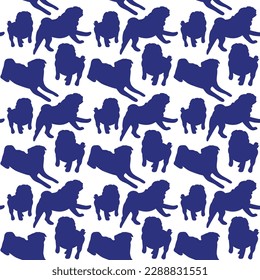 Dog silhouettes pattern fabric. Elegant, soft seamless background, abstract background with Pug dog shapes on a white background. Birthday present, simple plain wrapping paper. Clean style, isolated.