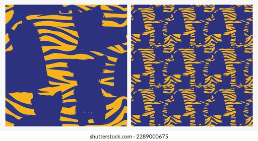 Dog silhouettes pattern fabric. Elegant, soft seamless background, abstract background with negative space Yorkshire Terrier dog shapes for Dog Lovers. Blue and yellow zebra. Birthday present wrapping