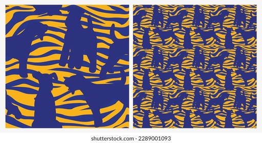 Dog silhouettes pattern fabric. Elegant, soft seamless background, abstract background with negative space Welsh Terrier dog shapes for Dog Lovers. Blue and yellow zebra. Birthday present wrapping