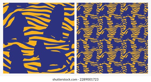 Dog silhouettes pattern fabric. Elegant, soft seamless background, abstract background with negative space Cocker spaniel dog shapes for Dog Lovers. Blue and yellow zebra. Birthday present wrapping