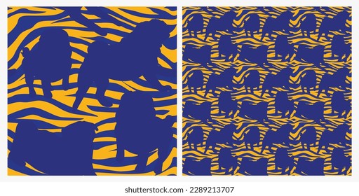 Dog silhouettes pattern fabric. Elegant, soft seamless background, abstract background with negative space Pug dog shapes for Dog Lovers. Blue and yellow zebra. Birthday present wrapping